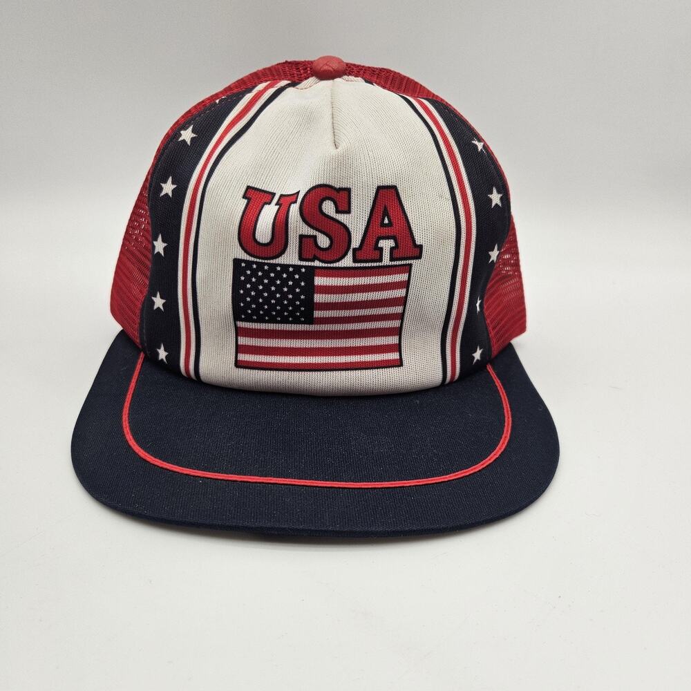 Vintage USA Hat Cap Snap Back Red White Blue Mesh Trucker Patriotic Mens 80s